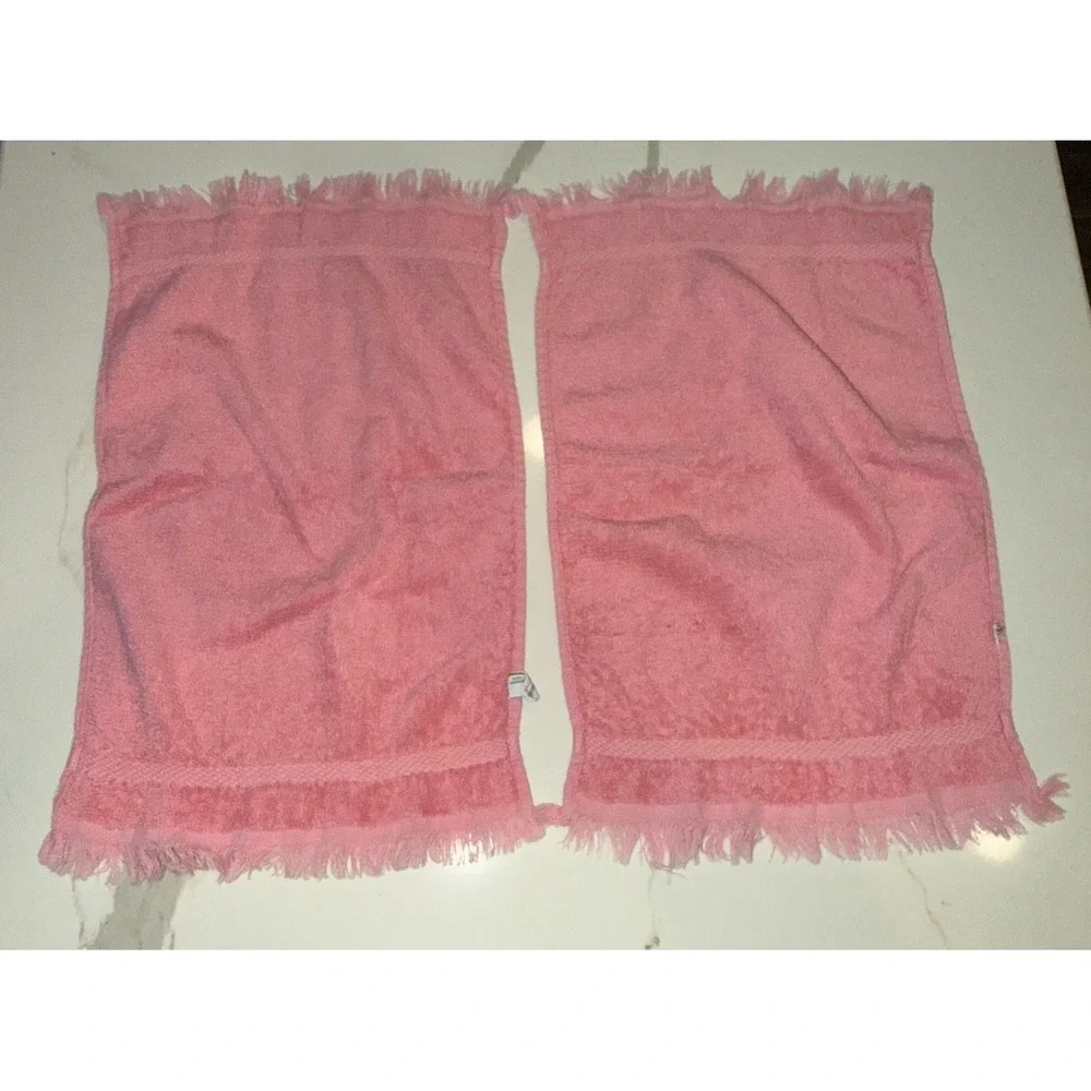2 Vintage Fieldcrest Hand Towels Solid Pink Fringe 16